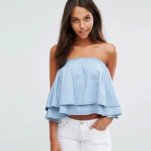 DARLING DENIM Tops - - DARLING DENIM STRAPLESS RUFFEL TOP NWT